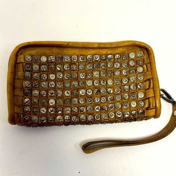 Platania Wallet Tan Italian Leather Woven Studded Wristlet Clutch- Vintage - Picture 1 of 8